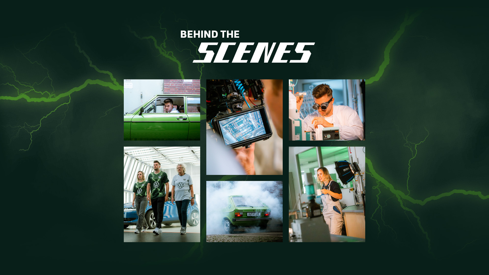 Grafik mit sechs Behind-the-Scenes-Fotos und dem Schriftzug „BEHIND THE SCENES
