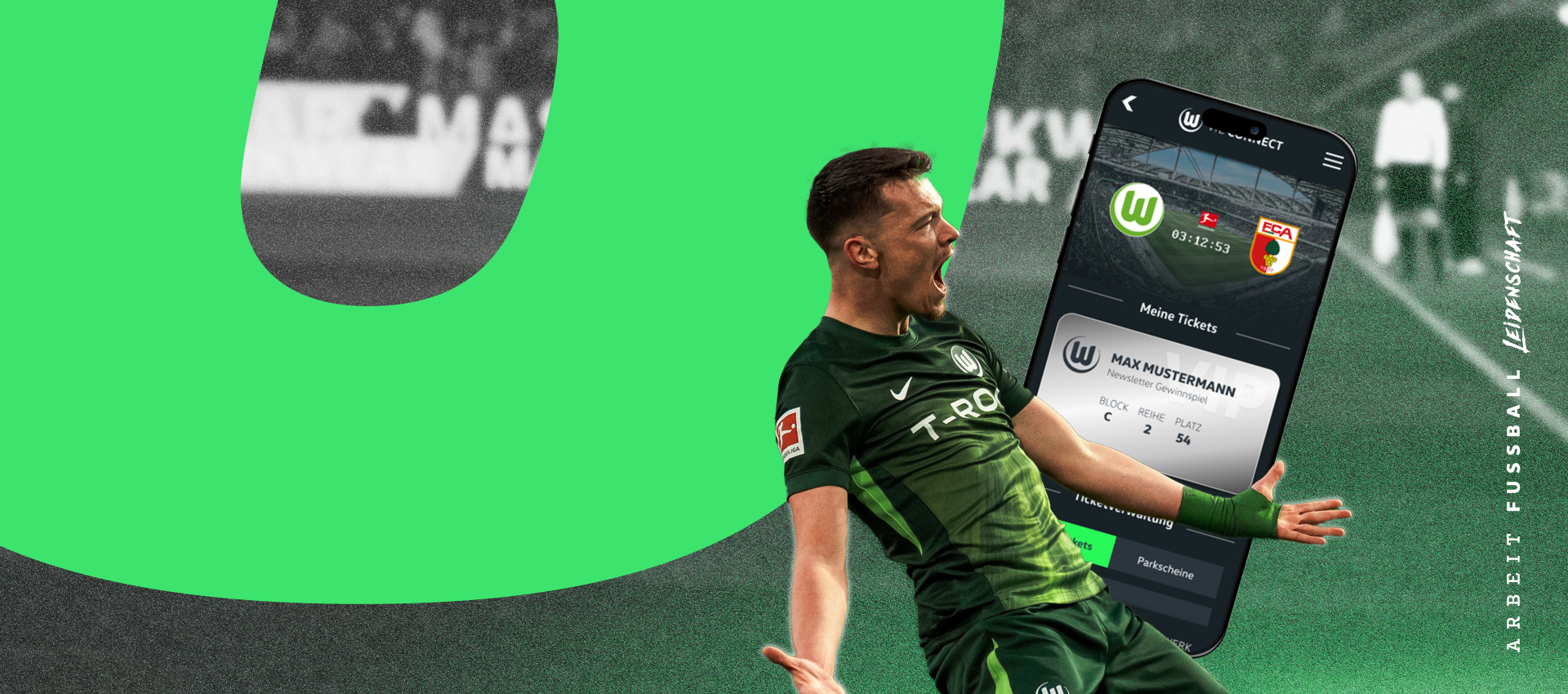 Dženan Pejčinović jubelt, im Hintergrund ein Smartphone mit Ticketansicht sowie die Logos des VfL Wolfsburg und des FC Augsburg.