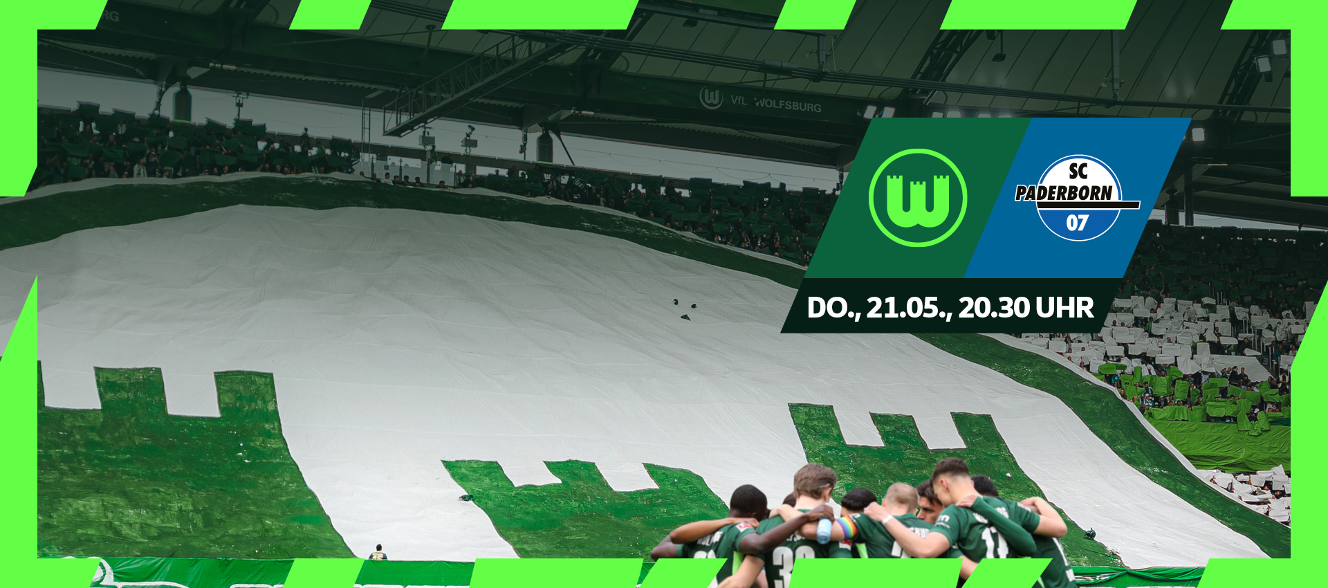 Grafik zum Relegationsspiel VfL Wolfsburg gegen SC Paderborn 07 am Donnerstag, 21.05., 20.30 Uhr.