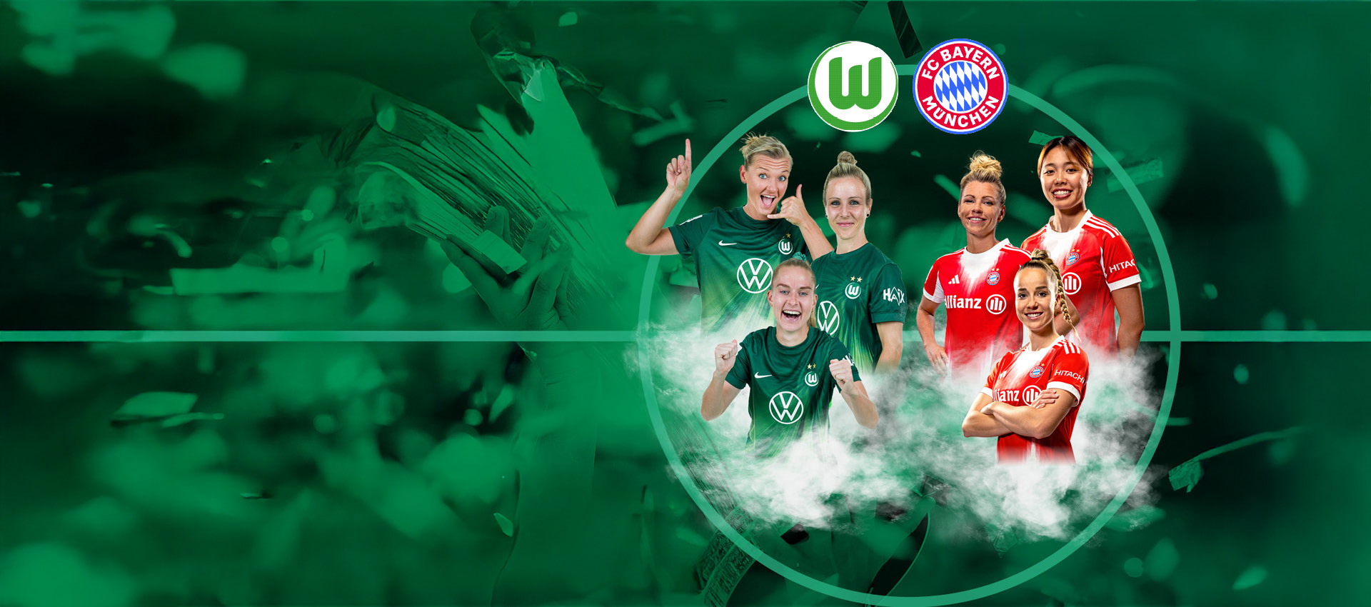 Grafik zum DFB-Pokalfinale der Frauen zwischen VfL Wolfsburg und FC Bayern München – Spielerinnen beider Teams im Trikot vor grünem Hintergrund mit Vereinslogos.