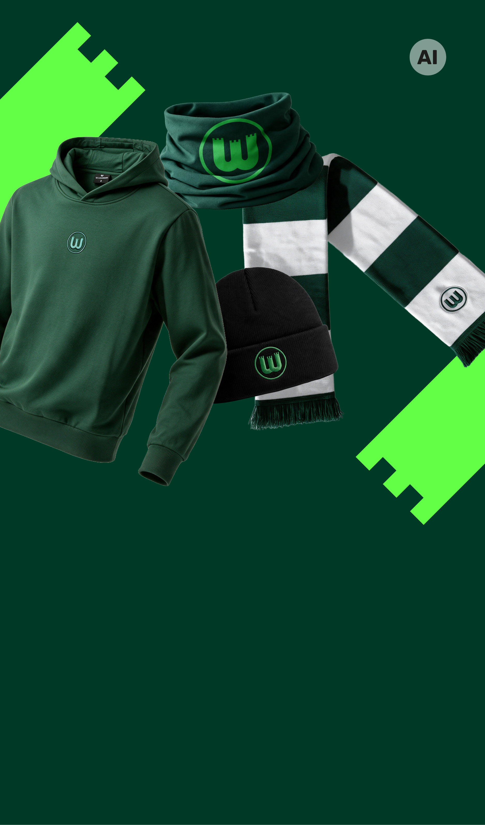 Grafik mit VfL-Wolfsburg-Hoodie, Schlauchschal, Mütze und grün-weißem Schal.