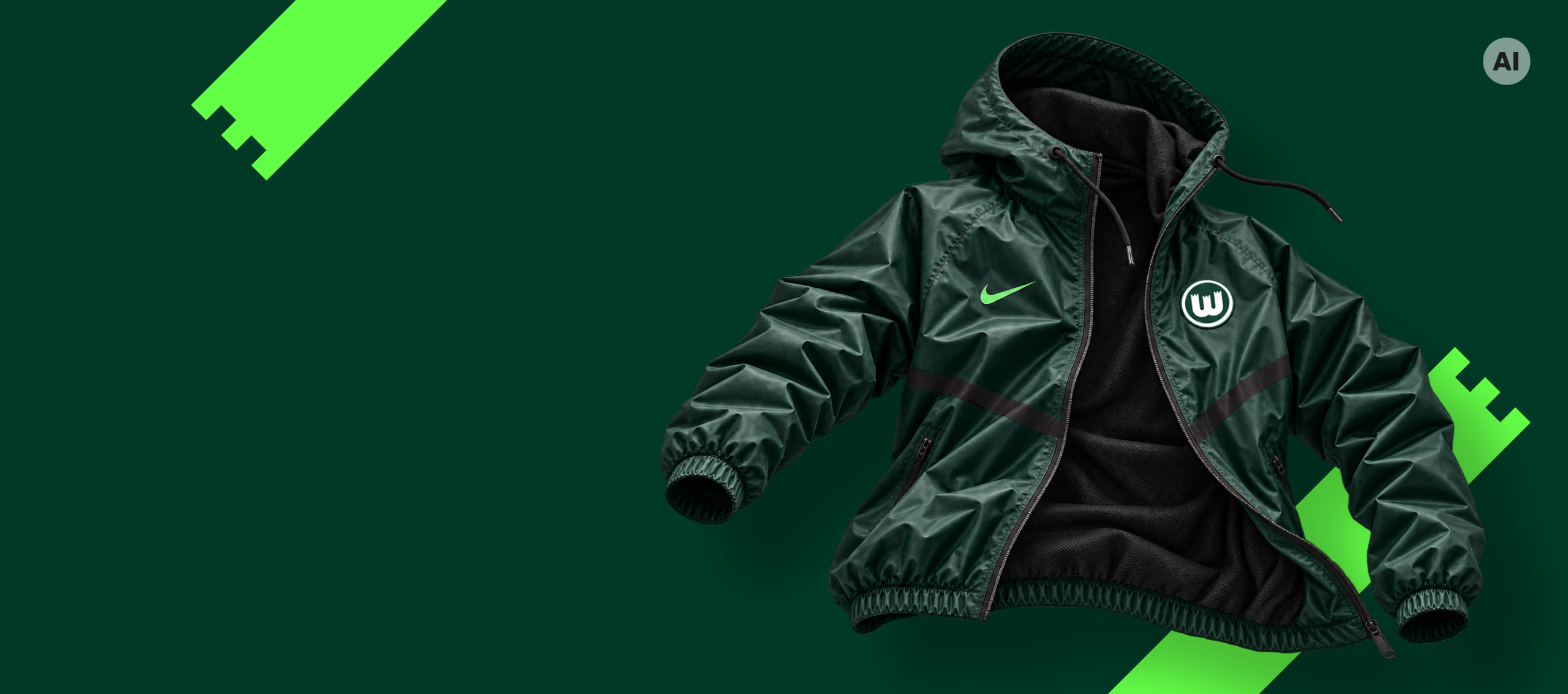 Dunkelgrüne VfL-Wolfsburg-Jacke mit Kapuze, Vereinslogo und Nike-Logo vor grünem Hintergrund.