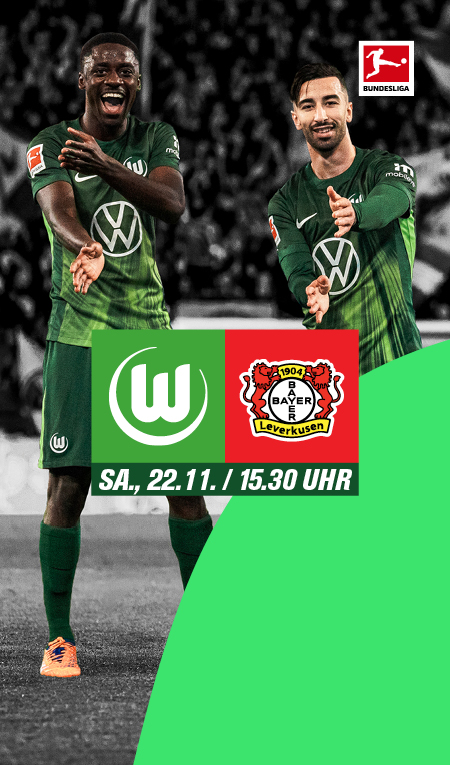 Logos der Mannschaften Wolfsburg und Bayer 04 Leverkusen mit Spieldatum und dem jubelnden Sael Kumbedi und Mohammed Amoura im Hintergrund.