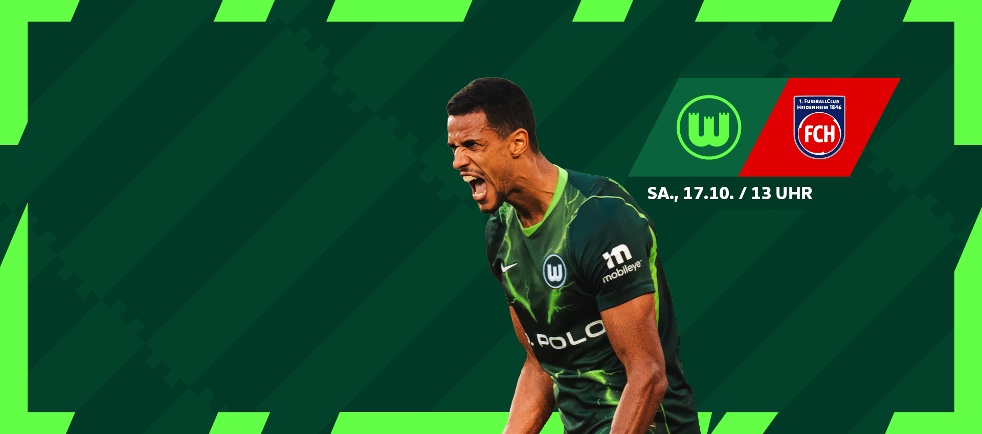 Grafik mit VfL-Wolfsburg-Spieler Robert Glatzel und Verkaufsankündigung gegen den 1. FC Heidenheim.