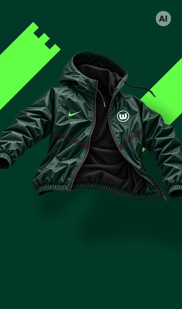 Dunkelgrüne VfL-Wolfsburg-Jacke mit Kapuze, Vereinslogo und Nike-Logo vor grünem Hintergrund.