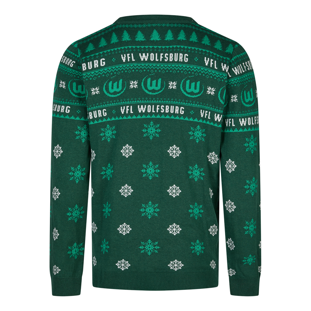 Green sweater with snowflake and tree patterns, featuring "VfL Wolfsburg" text.