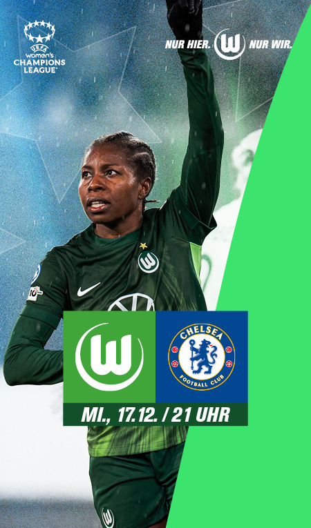 Die VfL-Wolfsburg-Spielerin Lineth Beerensteyn jubelt. Daneben die Logos vom VfL Wolfsburg und Chelsea FC.