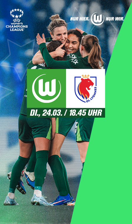 VfL Wolfsburg Frauen jubeln im Heimtrikot – UWCL-Spiel gegen Olympique Lyon am 24.03. um 18:45 Uhr.