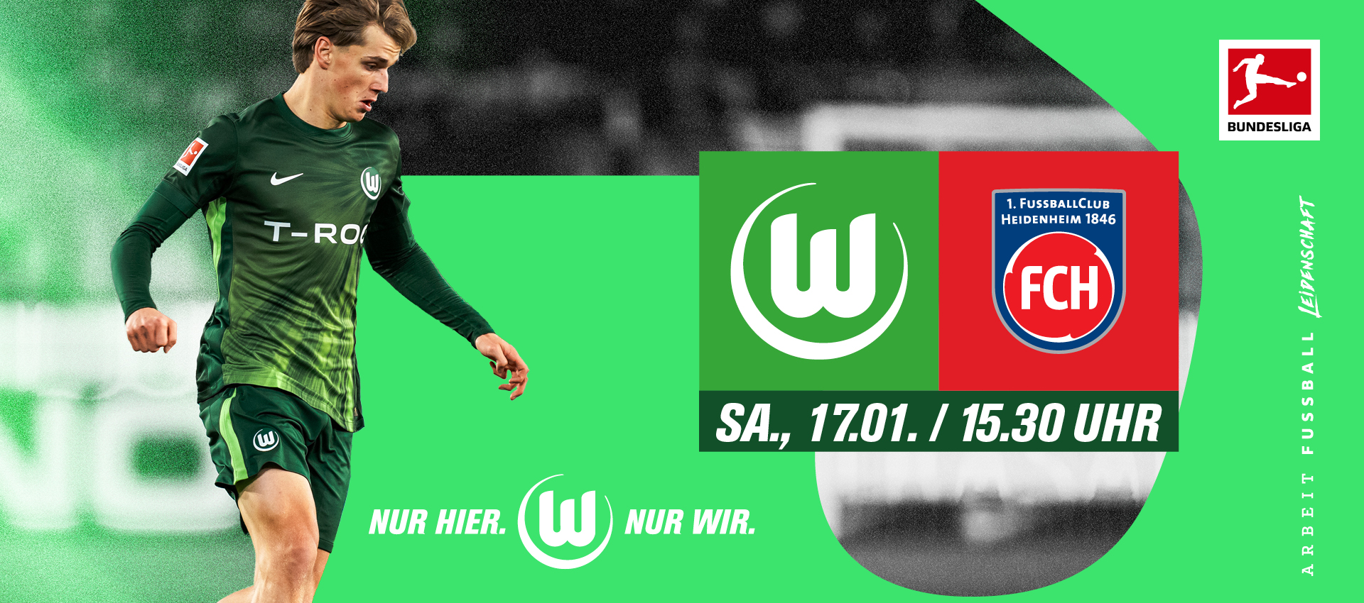 Der Jungspieler Jan Bürger dribbelt mit dem Ball. Daneben die Logos vom VfL Wolfsburg und FC Heidenheim.
