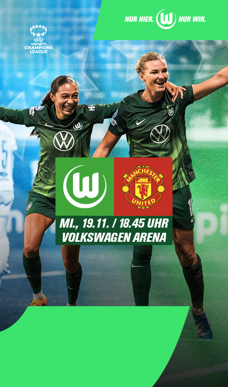 Logos der Mannschaften Wolfsburg und Manchester United mit Spieldatum und der jubelnden Alexandra Popp und Kessya Bussy im Hintergrund.