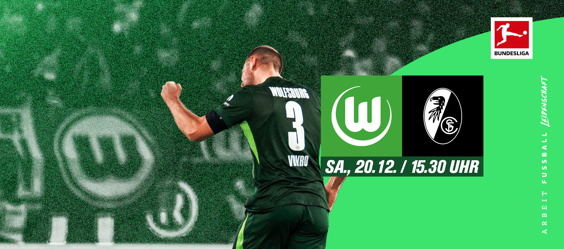 Die VfL-Wolfsburg-Spielerin Denis Vavro jubelt. Daneben die Logos vom VfL Wolfsburg und FC Freiburg.