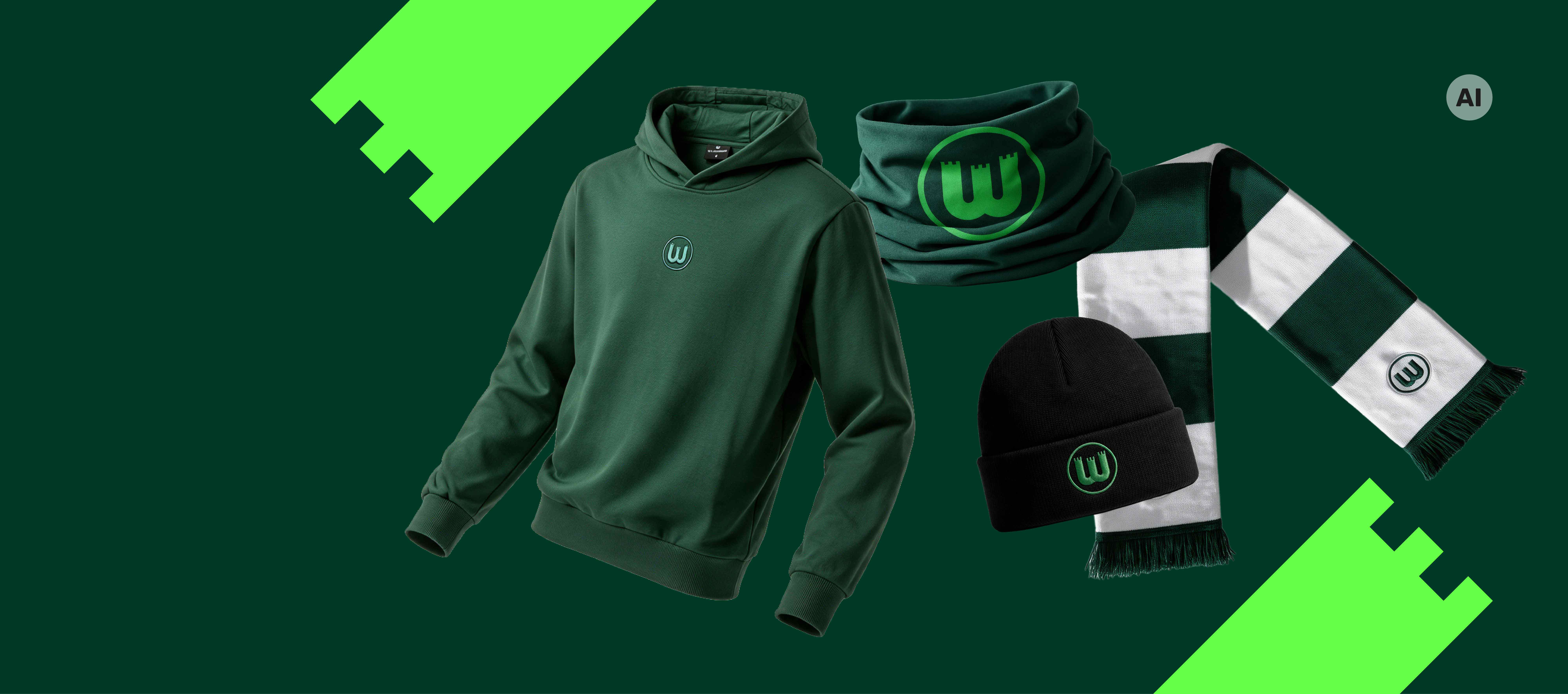 Grafik mit VfL-Wolfsburg-Hoodie, Schlauchschal, Mütze und grün-weißem Schal.