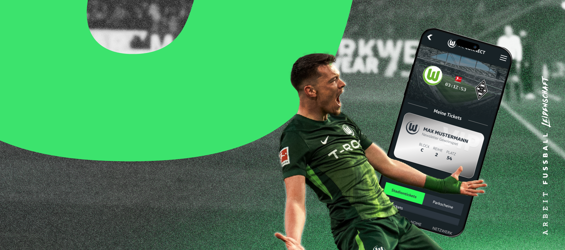 VfL Wolfsburg Gewinnspiel für das Spiel gegen Borussia Mönchengladbach – Dženan Pejčinović jubelnd neben Smartphone mit digitalem Ticket in der VfL-App.
