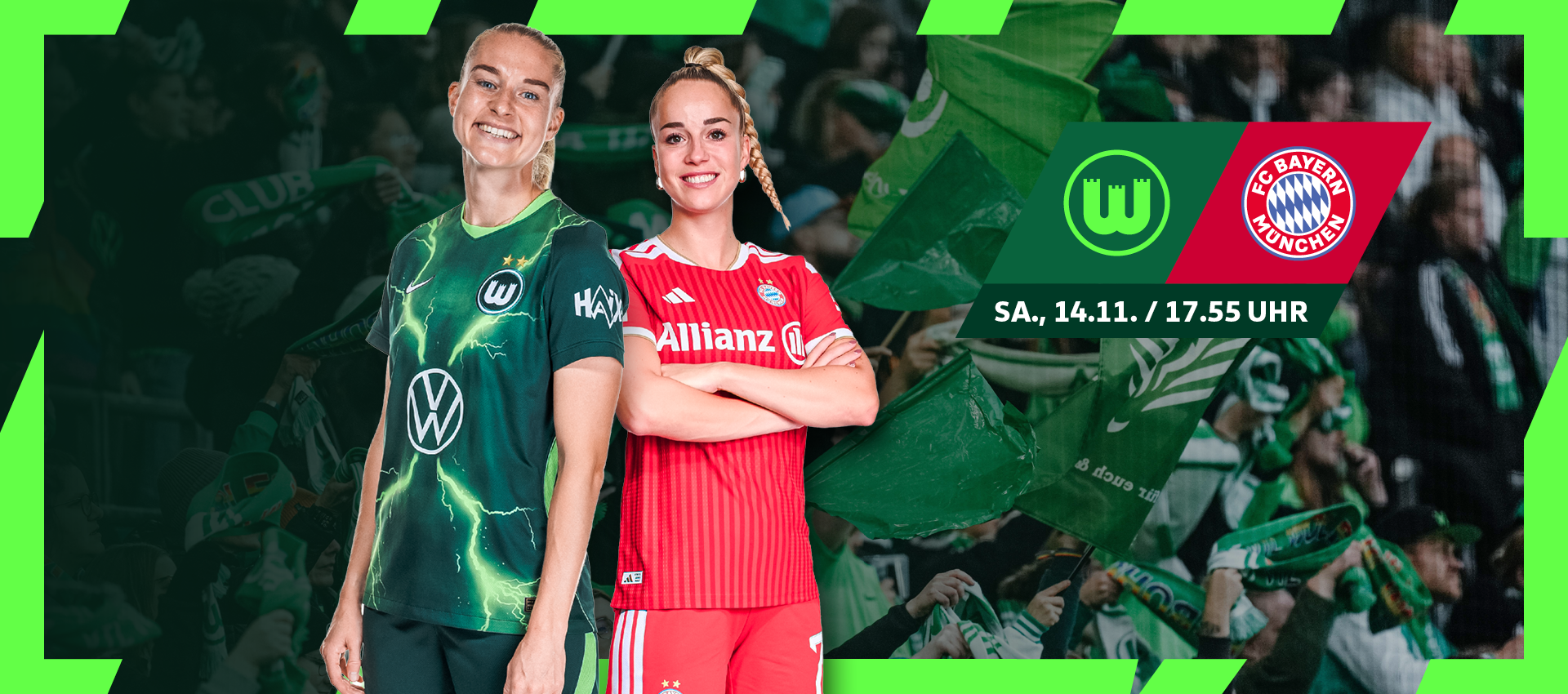 Grafik zum Spiel VfL Wolfsburg gegen FC Bayern München am Samstag, 14. November, um 17.55 Uhr mit VfL-Wolfsburg-Fans.