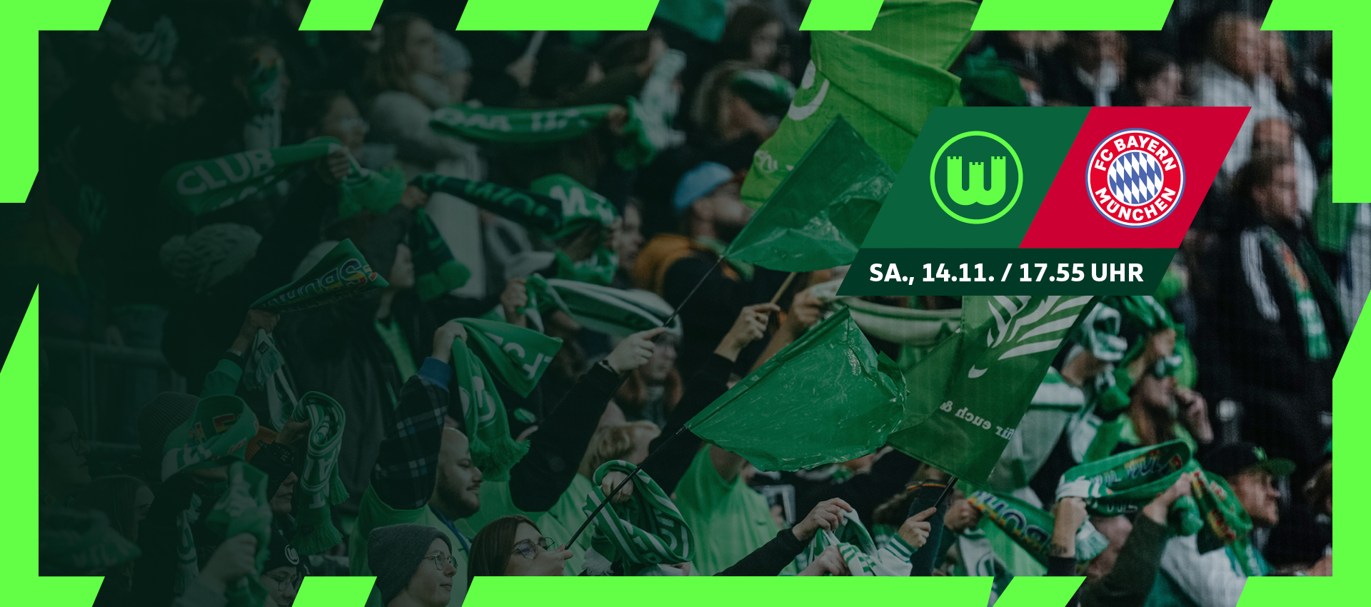 Grafik zum Spiel VfL Wolfsburg gegen FC Bayern München am Samstag, 14. November, um 17.55 Uhr mit VfL-Wolfsburg-Fans.
