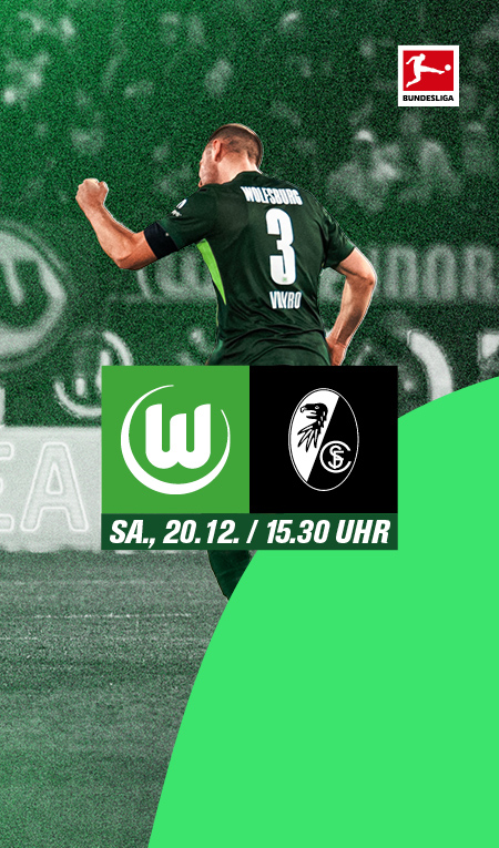 Die VfL-Wolfsburg-Spielerin Denis Vavro jubelt. Daneben die Logos vom VfL Wolfsburg und FC Freiburg.