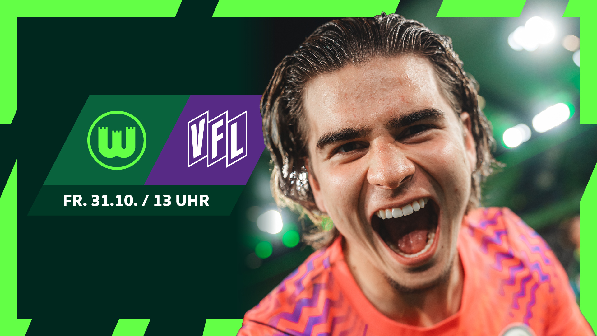 Grafik mit VfL-Wolfsburg-Torwart Jakub Zielinski und Vorverkaufsankündigung gegen den VfL Osnabrück.