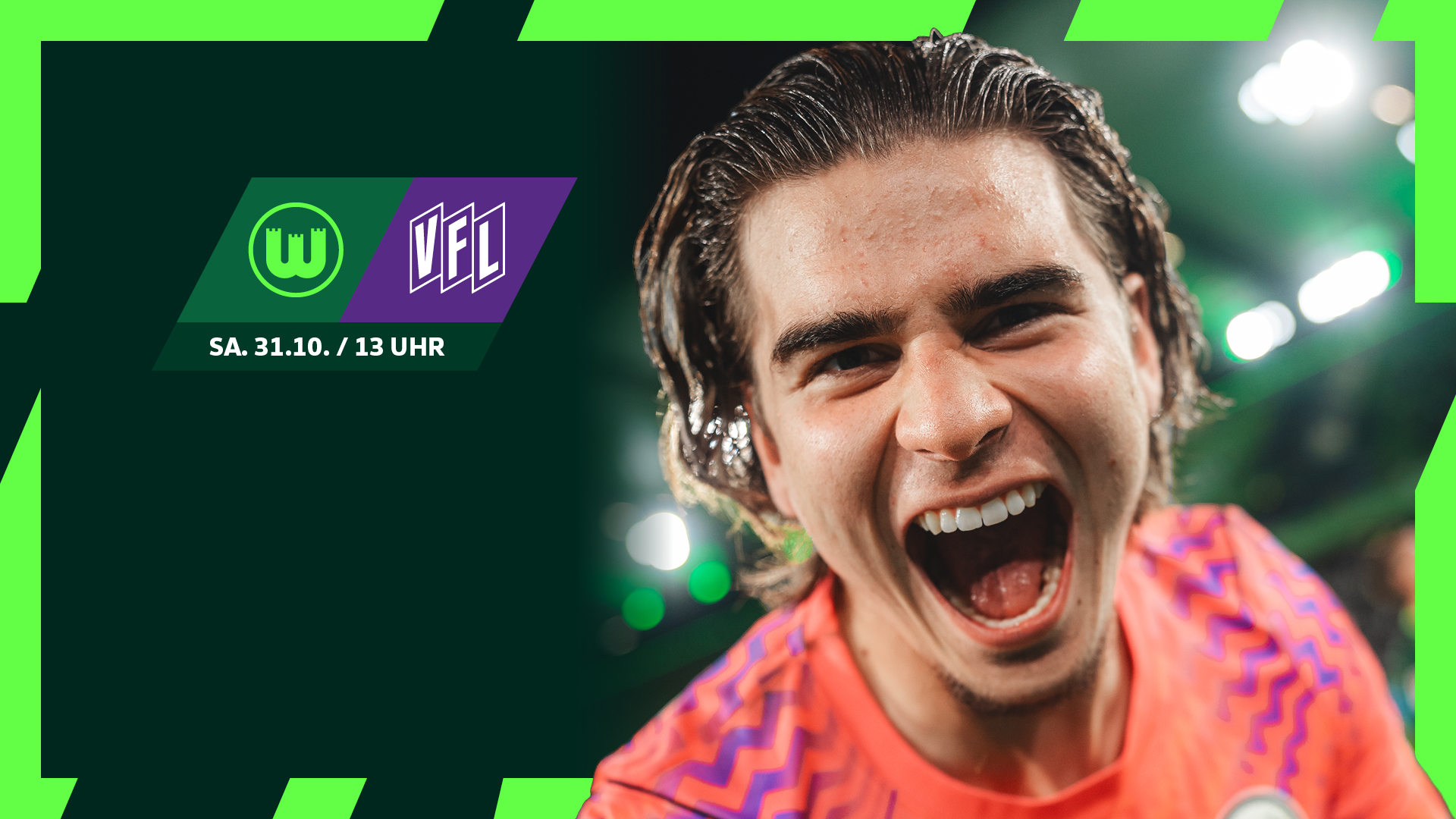 Grafik mit VfL-Wolfsburg-Torwart Jakub Zielinski und Vorverkaufsankündigung gegen den VfL Osnabrück.