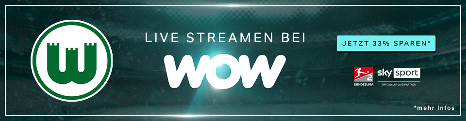 Grafik mit WOW- und VfL-Wolfsburg-Logo sowie den Schriftzügen „Stream die volle Dosis“ und „Jetzt 33 % sparen*“.