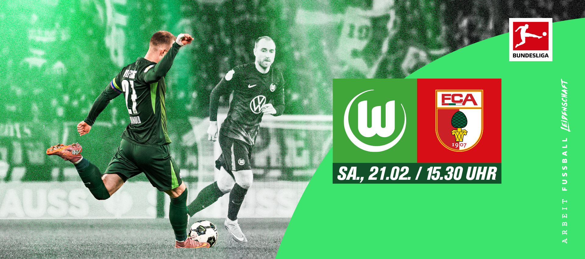 Banner zum Spiel am Samstag, 21.02., um 15:30 Uhr. Maximilian Arnold schießt den Ball.