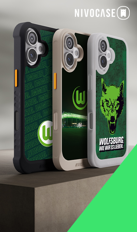 VfL Wolfsburg Handyhüllen von Nivocase mit Logo, Stadionmotiv und Wolfsdesign.