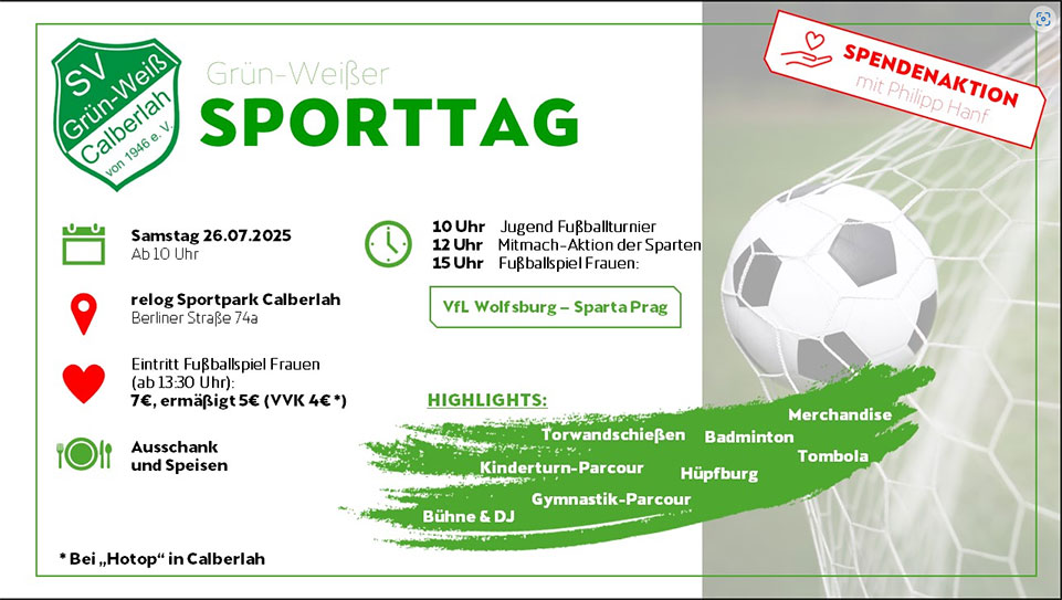 Flyer Sporttag am 26.07.2025 in Calberlah mit einem Testspiel der Frauen des VfL Wolfsburg.