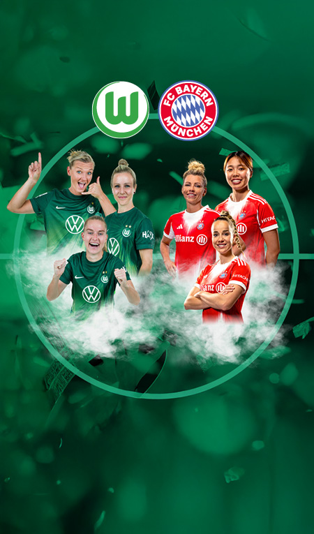 Grafik zum DFB-Pokalfinale der Frauen zwischen VfL Wolfsburg und FC Bayern München – Spielerinnen beider Teams im Trikot vor grünem Hintergrund mit Vereinslogos.