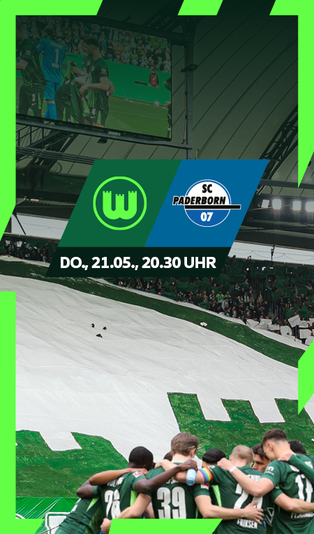 Grafik zum Relegationsspiel VfL Wolfsburg gegen SC Paderborn 07 am Donnerstag, 21.05., 20.30 Uhr.