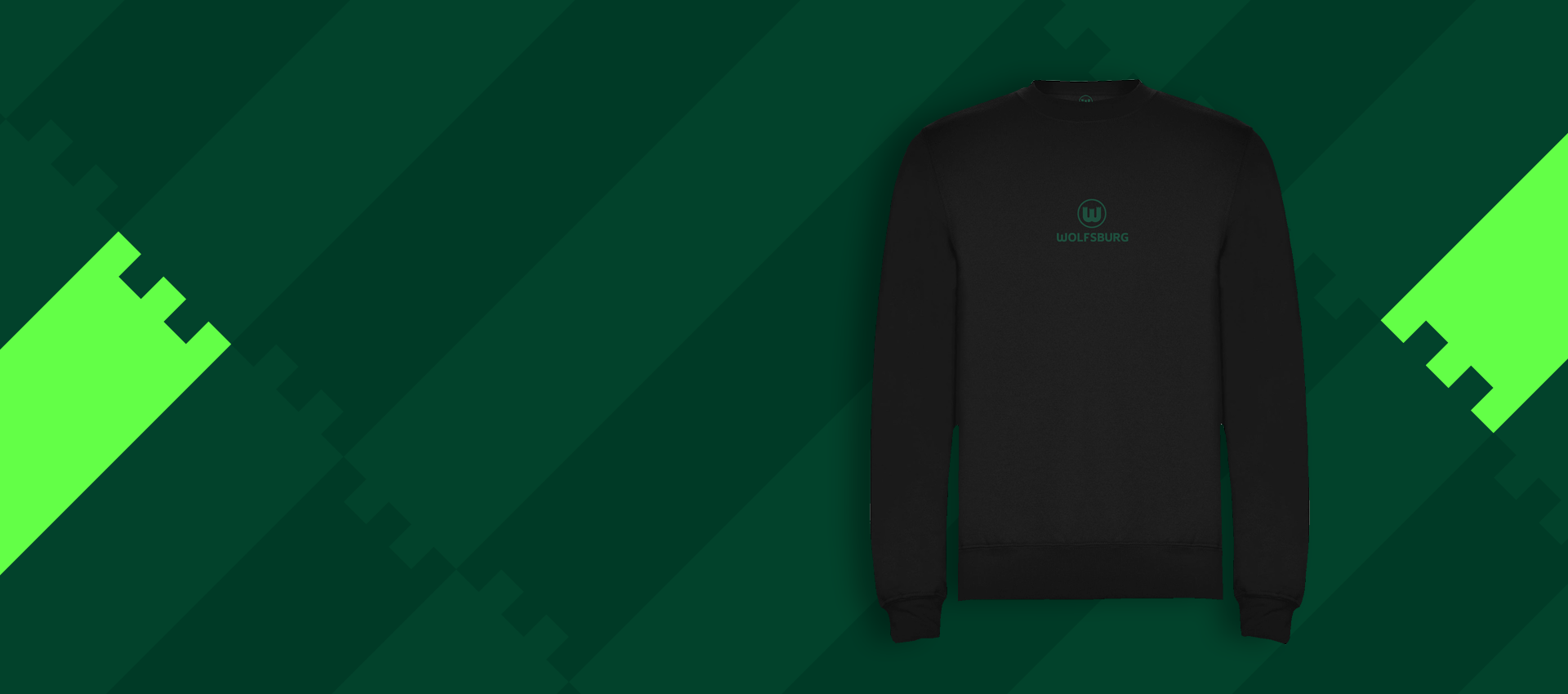 Schwarzer VfL-Wolfsburg-Pullover mit grünem Vereinslogo und Schriftzug „Wolfsburg“ auf dunkelgrünem Hintergrund.
