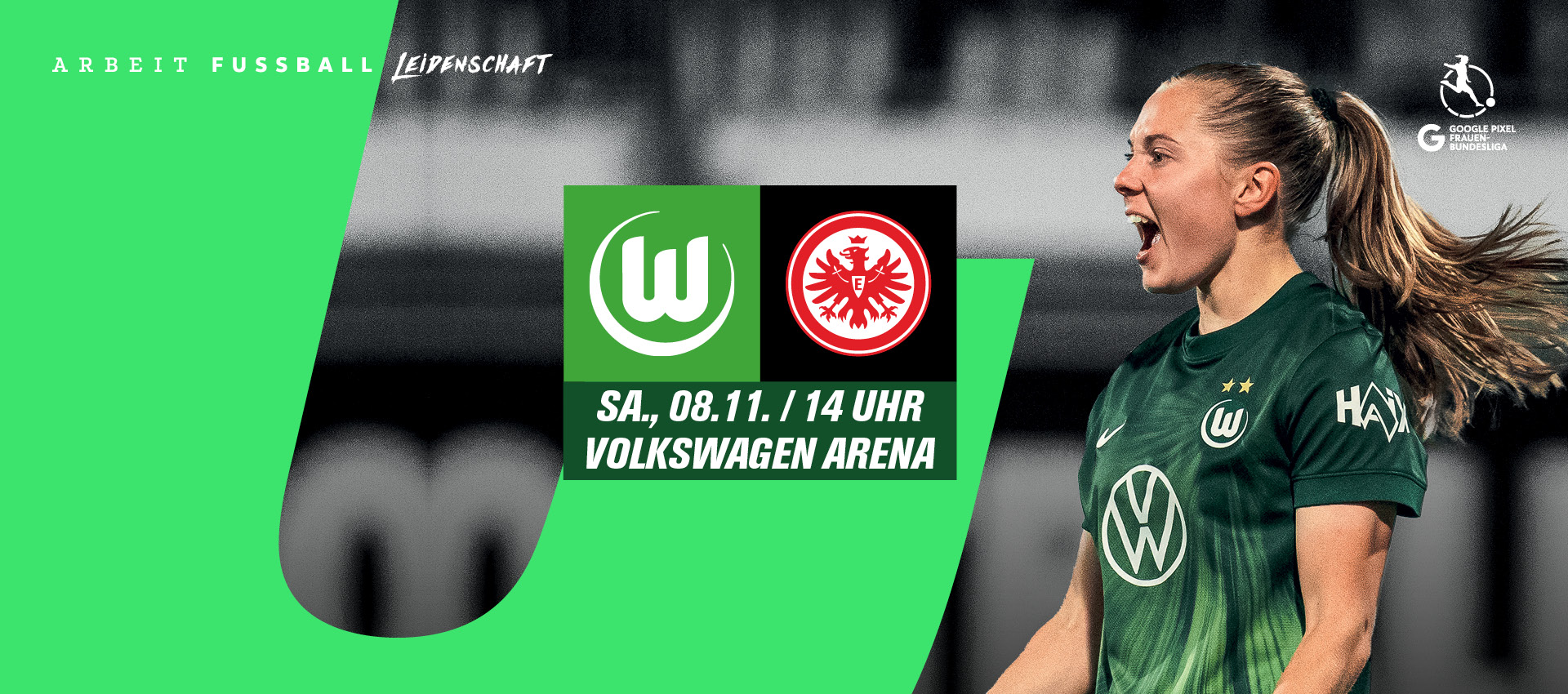 Logos der Mannschaften Wolfsburg und Frankfurt mit Spieldatum und Janou Levels im Hintergrund.