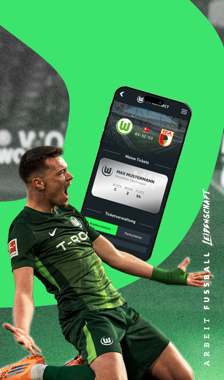 Dženan Pejčinović jubelt, im Hintergrund ein Smartphone mit Ticketansicht sowie die Logos des VfL Wolfsburg und des FC Augsburg.