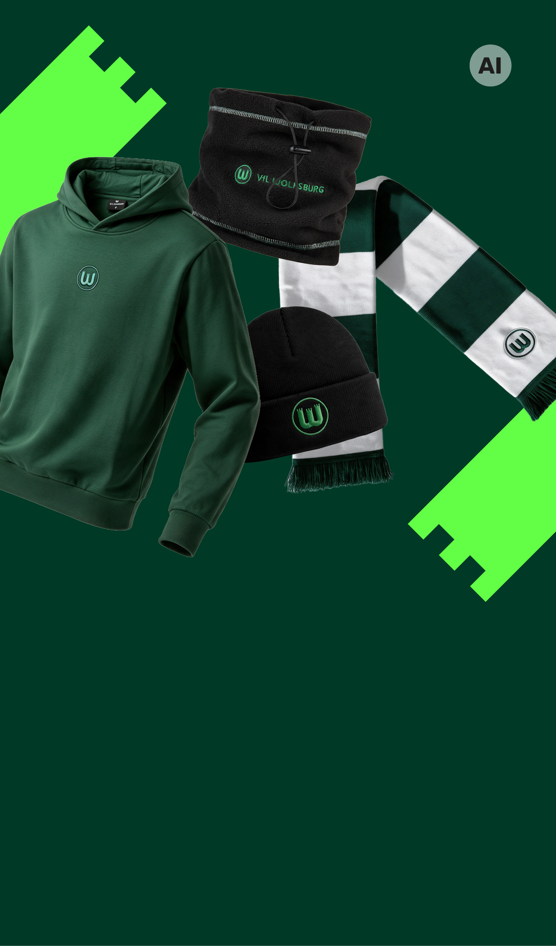 Grafik mit VfL-Wolfsburg-Hoodie, Mütze, Schlauchschal und grün-weißem Schal.
