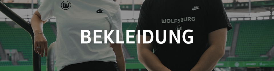 Grafik mit zwei Personen in VfL-Wolfsburg-Bekleidung und dem Schriftzug „Bekleidung“.