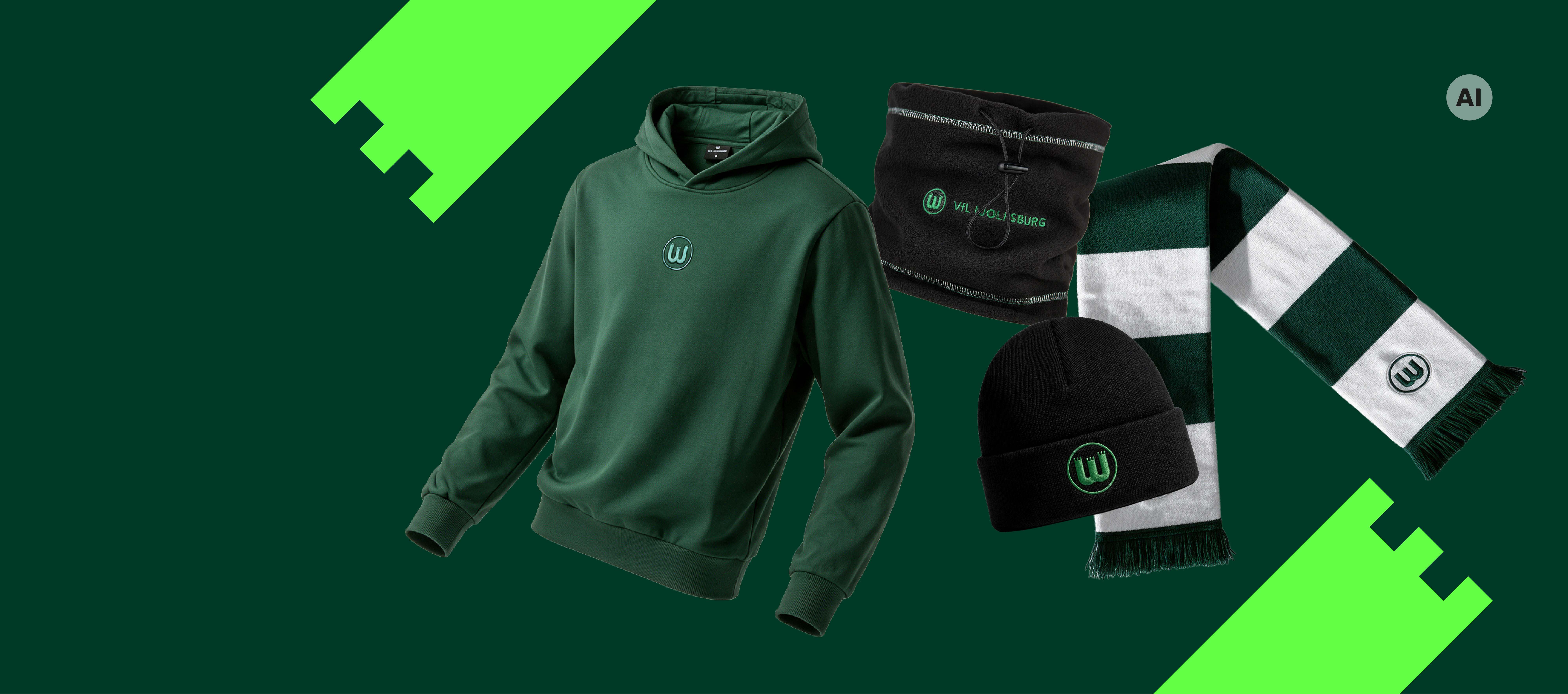 Grafik mit VfL-Wolfsburg-Hoodie, Mütze, Schlauchschal und grün-weißem Schal.