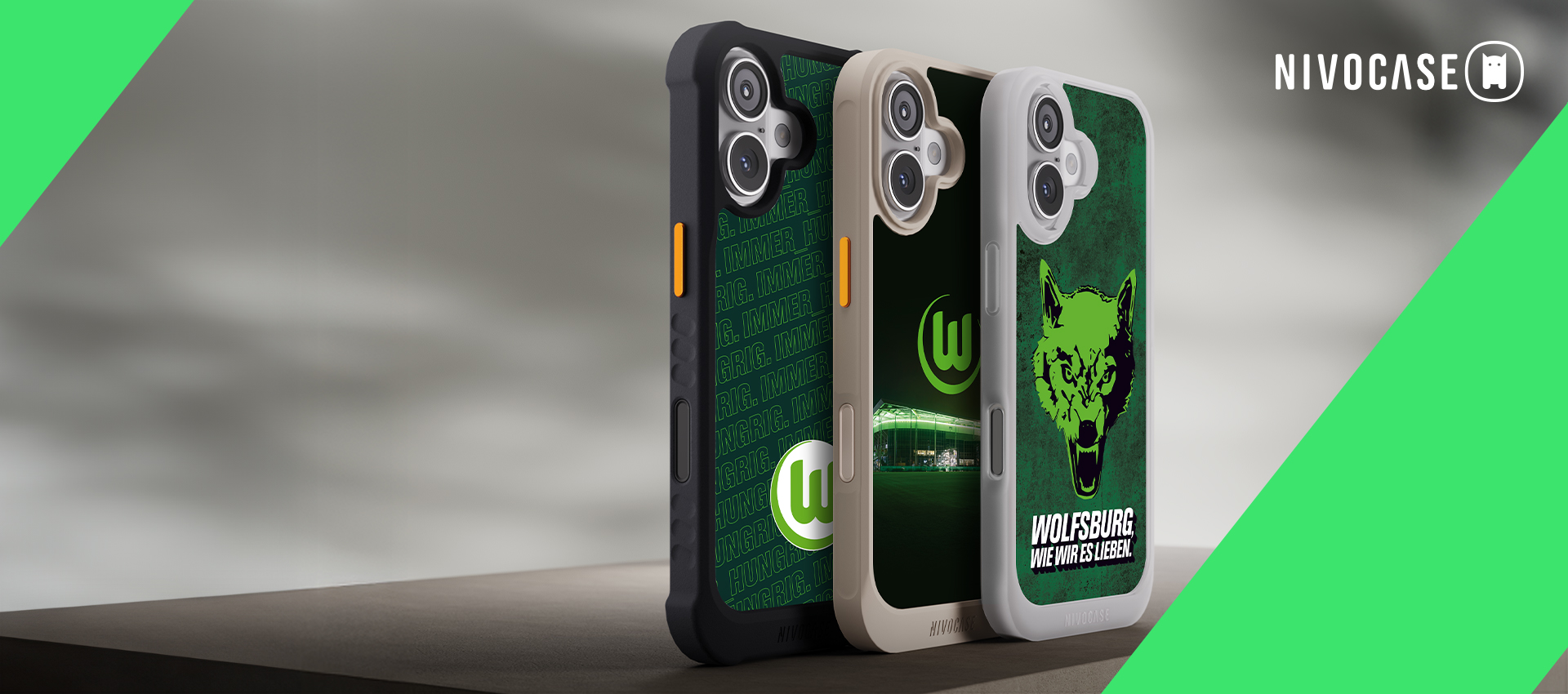VfL Wolfsburg Smartphone-Hüllen von Nivocase im Fokus – drei Designs mit Vereinslogo, Wolfsmotiv und Stadiongrafik vor minimalistischem Hintergrund.