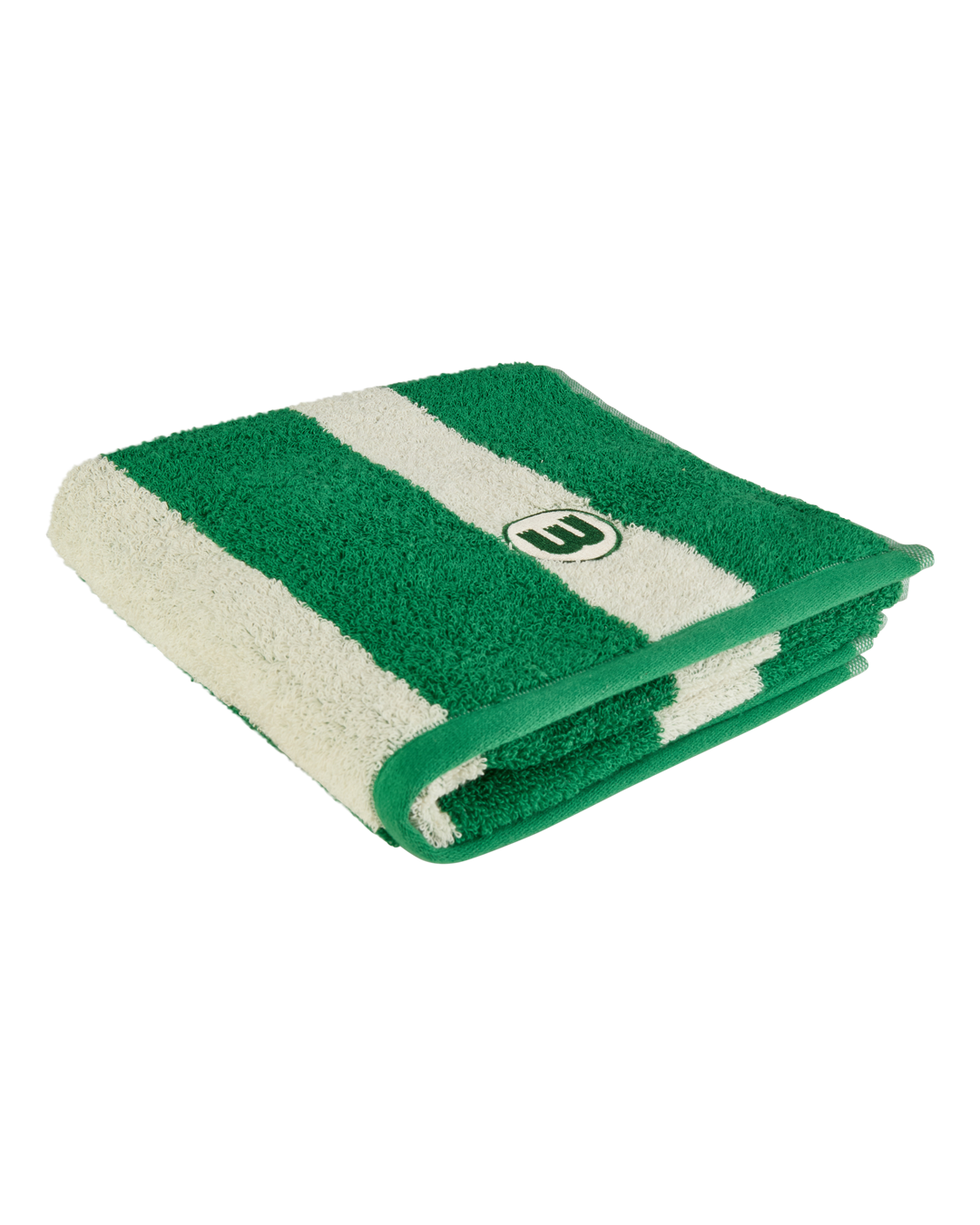 Grün-weiß gestreiftes Handtuch mit Logo.