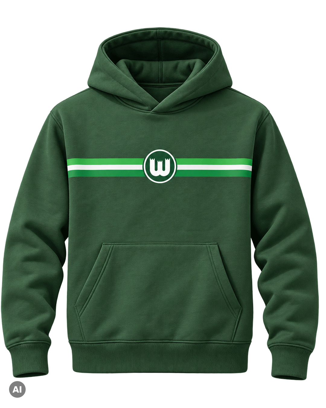 Grüner Kapuzenpullover mit weiß-grünem Streifen und Logo auf der Brust.