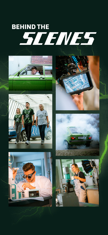 Grafik mit sechs Behind-the-Scenes-Fotos und dem Schriftzug „BEHIND THE SCENES