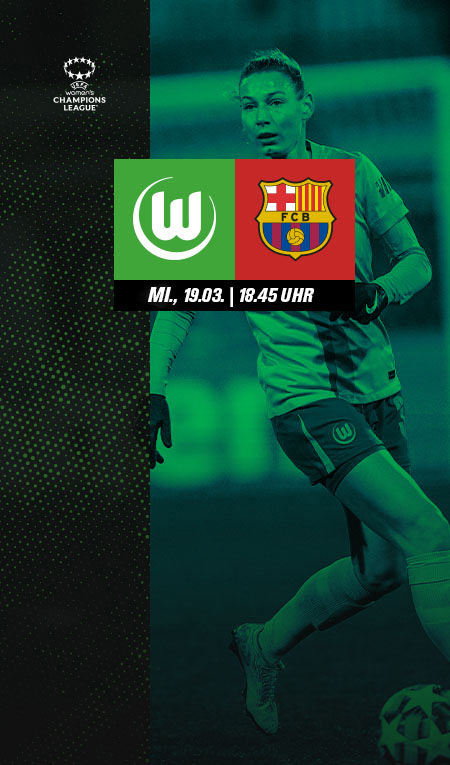 Matchdaygrafik für das Champions League Spiel der Frauen gegen Barcelona, beide Vereinslogos sind zu sehen.