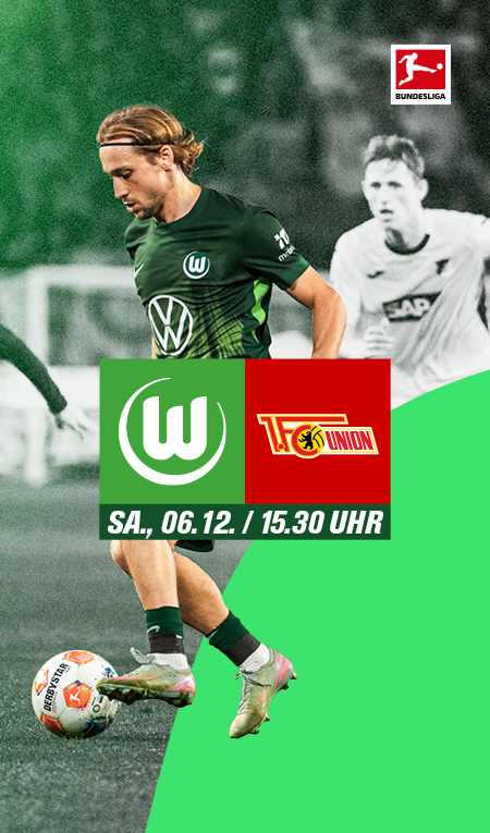 Logos der Mannschaften Wolfsburg und Union Berlin mit Spieldatum und dem dribbelnden Lovro Majer im Hintergrund.