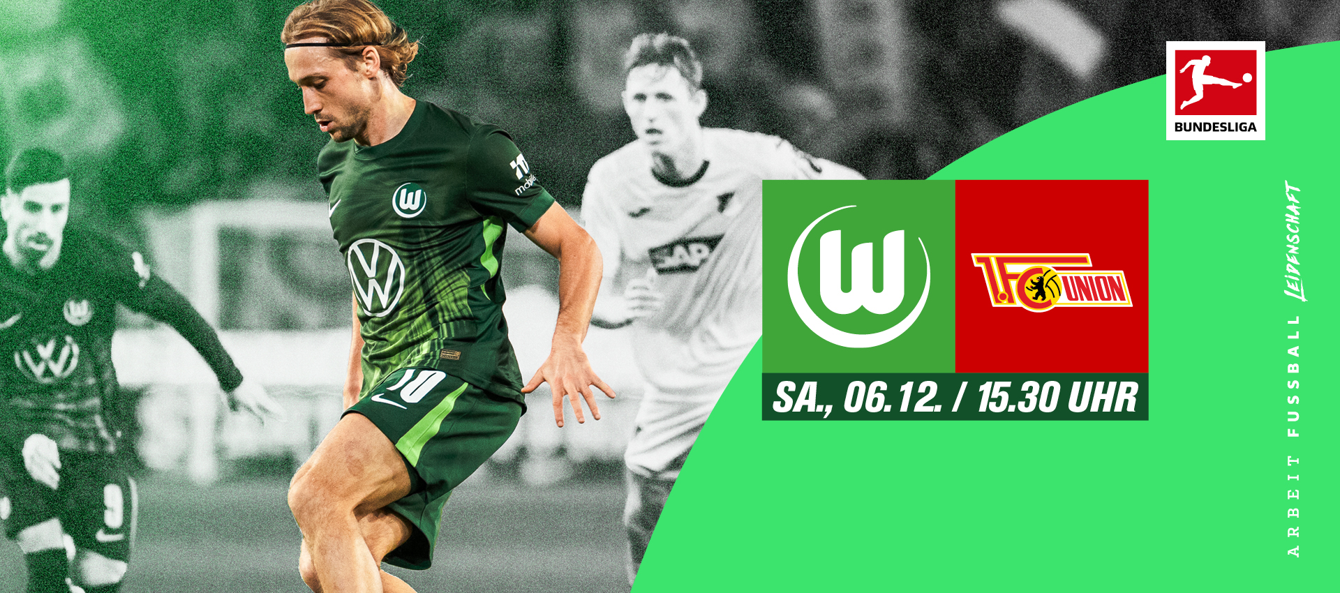 Logos der Mannschaften Wolfsburg und Union Berlin mit Spieldatum und dem dribbelnden Lovro Majer im Hintergrund.
