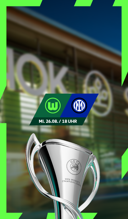 Grafik zum UWCL-Spiel VfL Wolfsburg gegen Inter am Mittwoch, 26.08., um 18 Uhr mit Pokal.