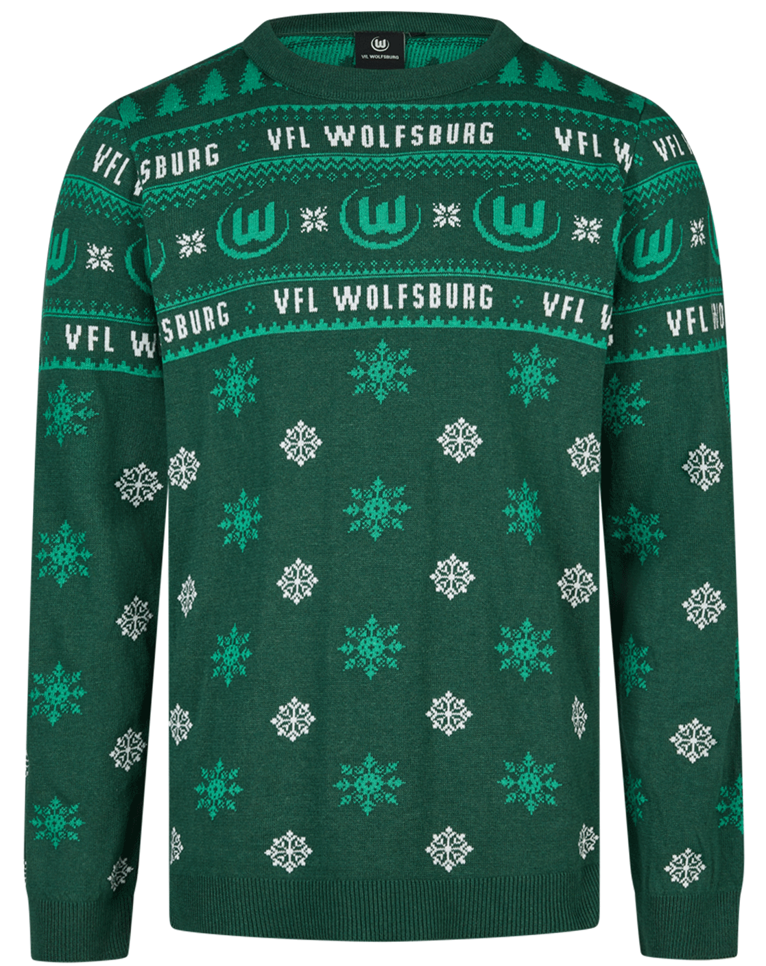 Green sweater with snowflake and tree patterns, featuring "VFL Wolfsburg" text and logo.