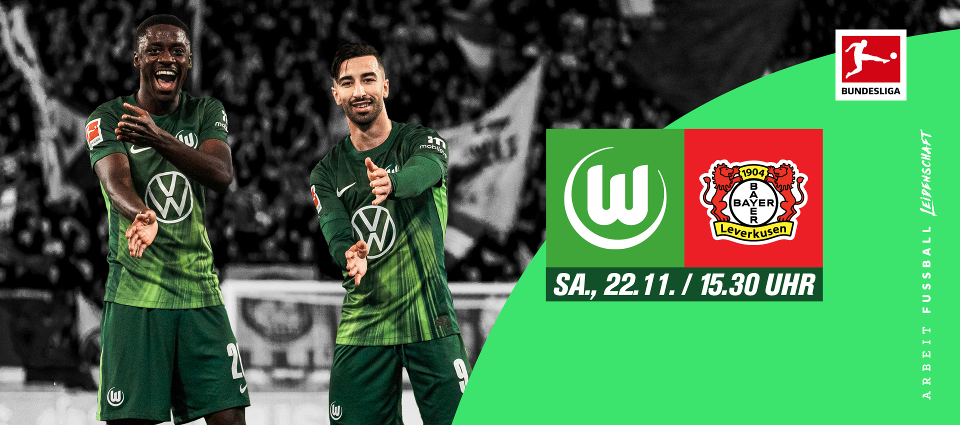 Logos der Mannschaften Wolfsburg und Bayer 04 Leverkusen mit Spieldatum und dem jubelnden Sael Kumbedi und Mohammed Amoura im Hintergrund.