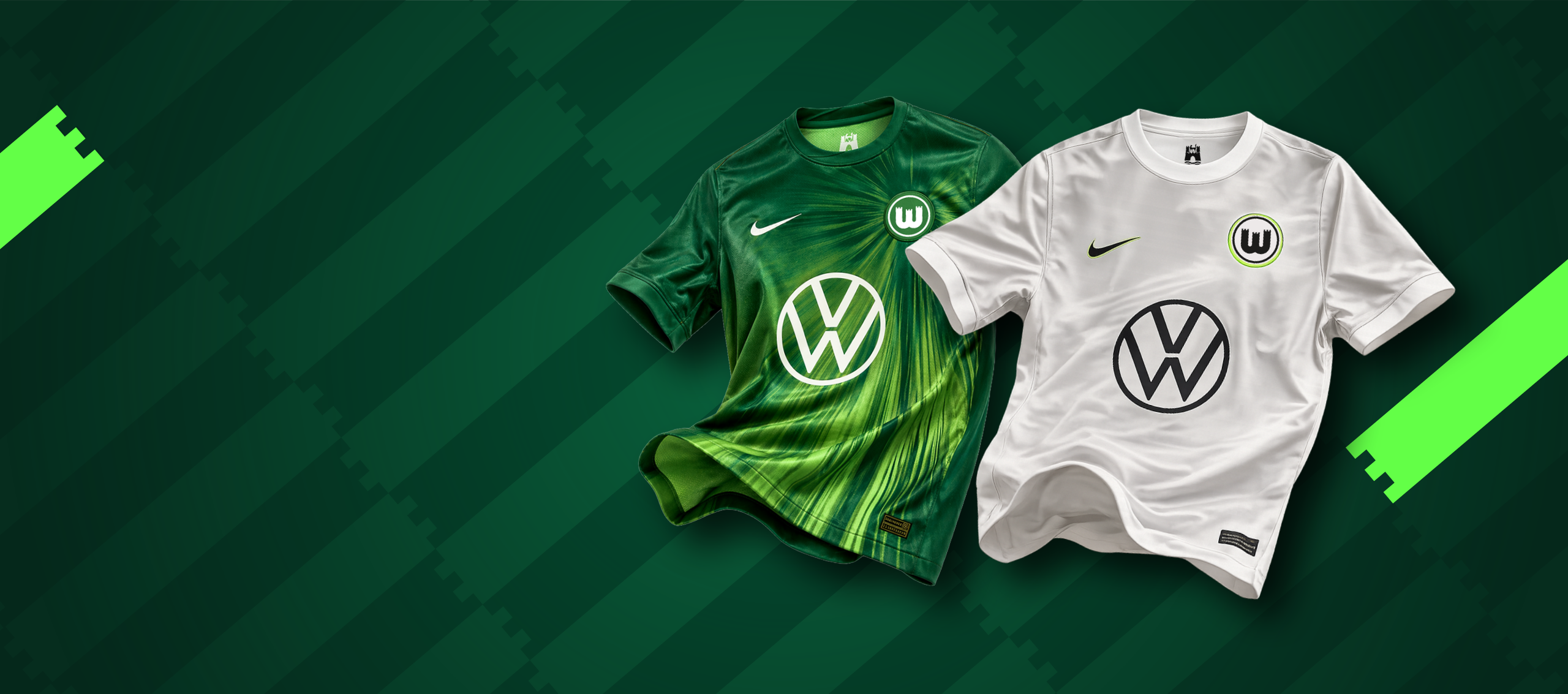 VfL-Wolfsburg-Trikots in Grün und Weiß mit Volkswagen-Logo auf grünem Hintergrund.