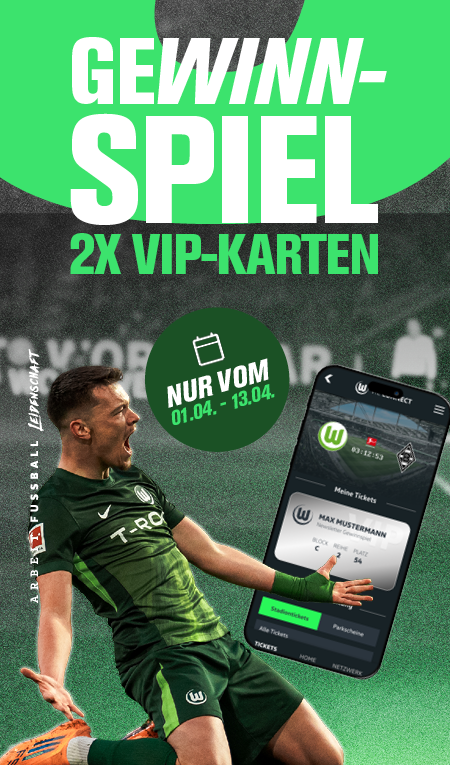 VfL Wolfsburg Gewinnspiel für das Spiel gegen Borussia Mönchengladbach – Dženan Pejčinović jubelnd neben Smartphone mit digitalem Ticket in der VfL-App.