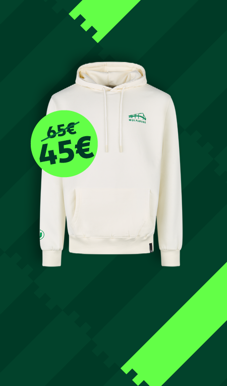 Weißer VfL-Wolfsburg-Hoodie mit grünem Logo auf dunkelgrünem Hintergrund, reduziert von 65 auf 45 Euro.
