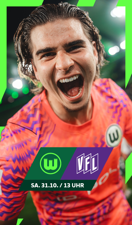 Grafik mit VfL-Wolfsburg-Torwart Jakub Zielinski und Vorverkaufsankündigung gegen den VfL Osnabrück.