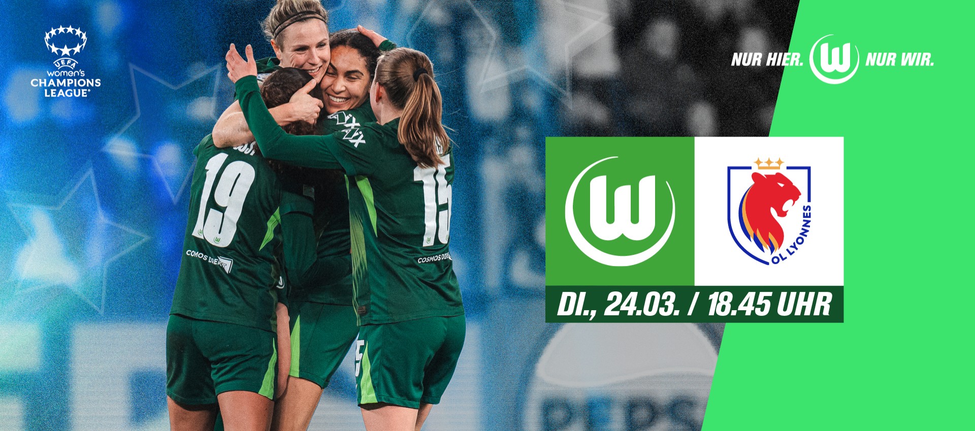 VfL Wolfsburg Frauen jubeln im Heimtrikot – UWCL-Spiel gegen Olympique Lyon am 24.03. um 18:45 Uhr.