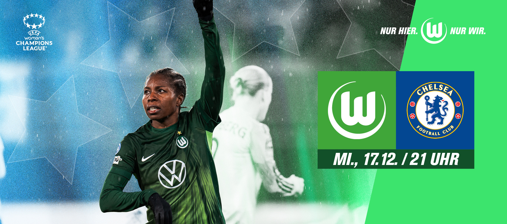 Die VfL-Wolfsburg-Spielerin Lineth Beerensteyn jubelt. Daneben die Logos vom VfL Wolfsburg und Chelsea FC.